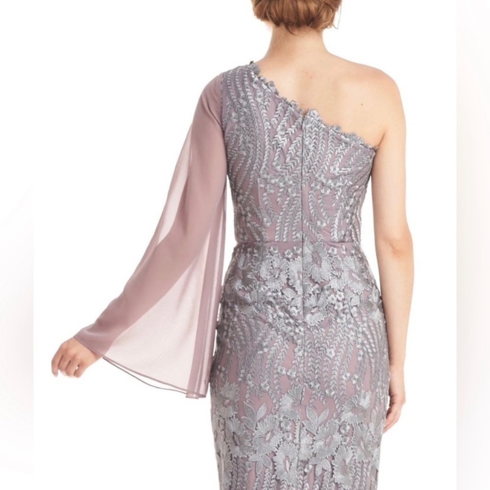JS Collections Amari One-Shoulder Twist Embroidered Lace Overlay Gown in Steel - Picture 3 of 8